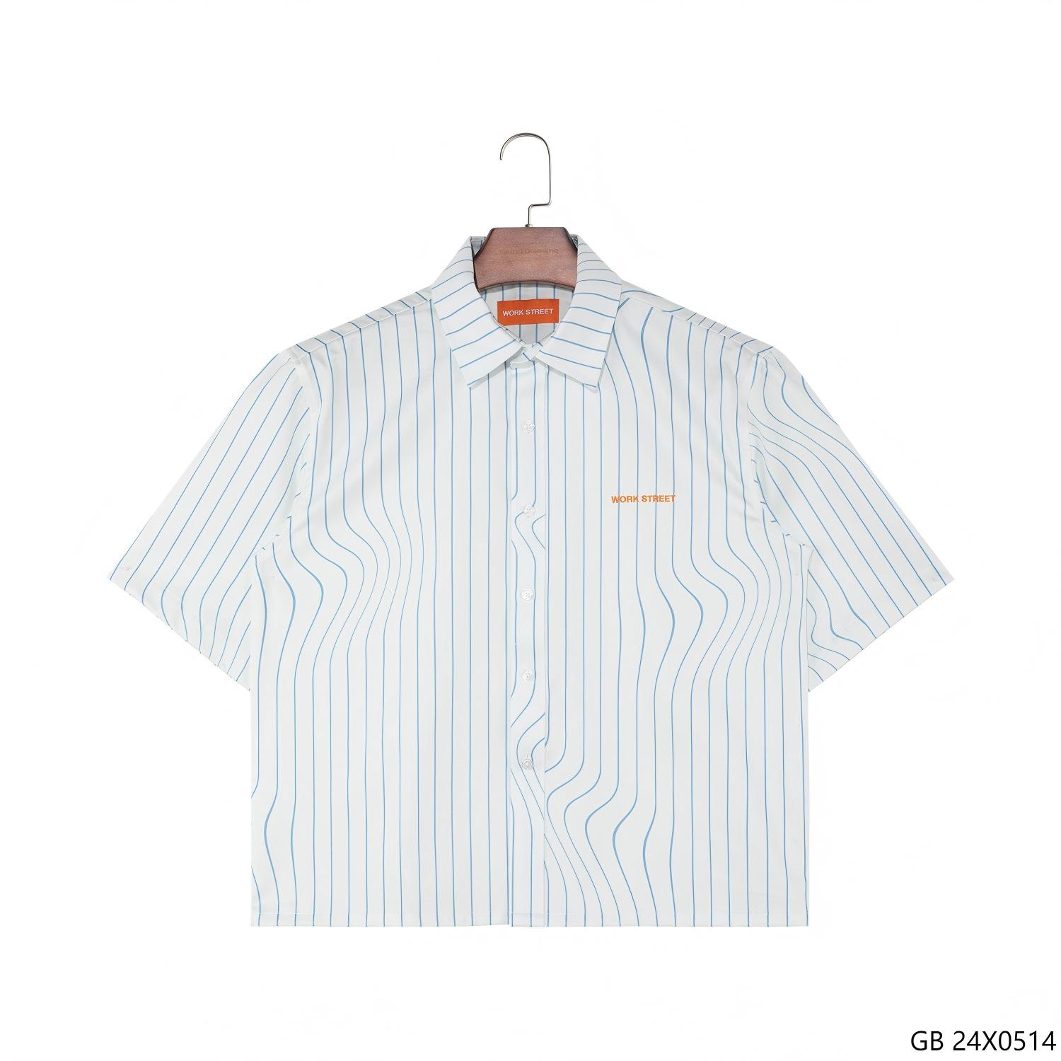 Men's 100% Cotton Curve Stripes Button down Short Sleeve Shirts for Men