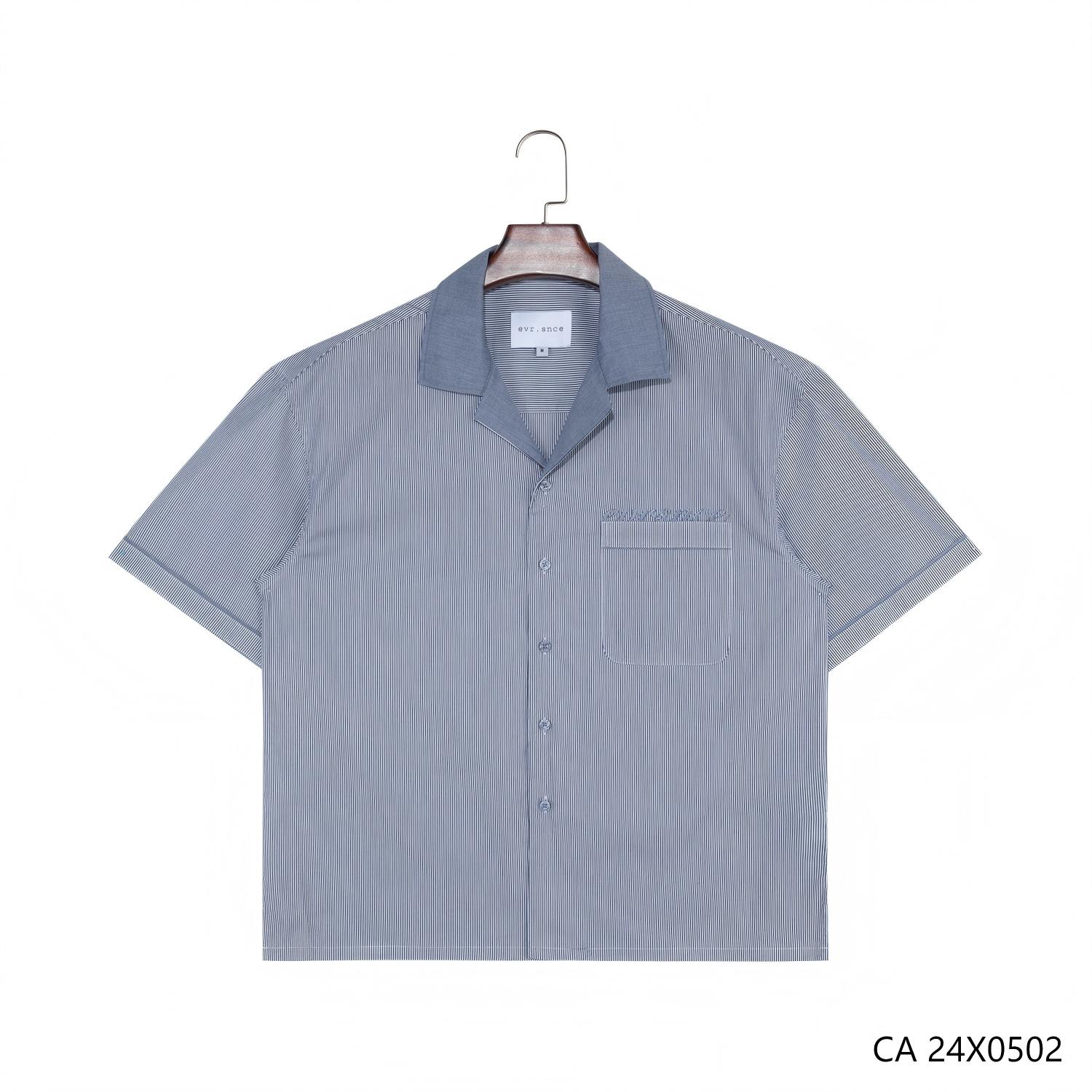 100% Cotton Stripes Button down Short Sleeve Shirts for Men with Cuban Collar
