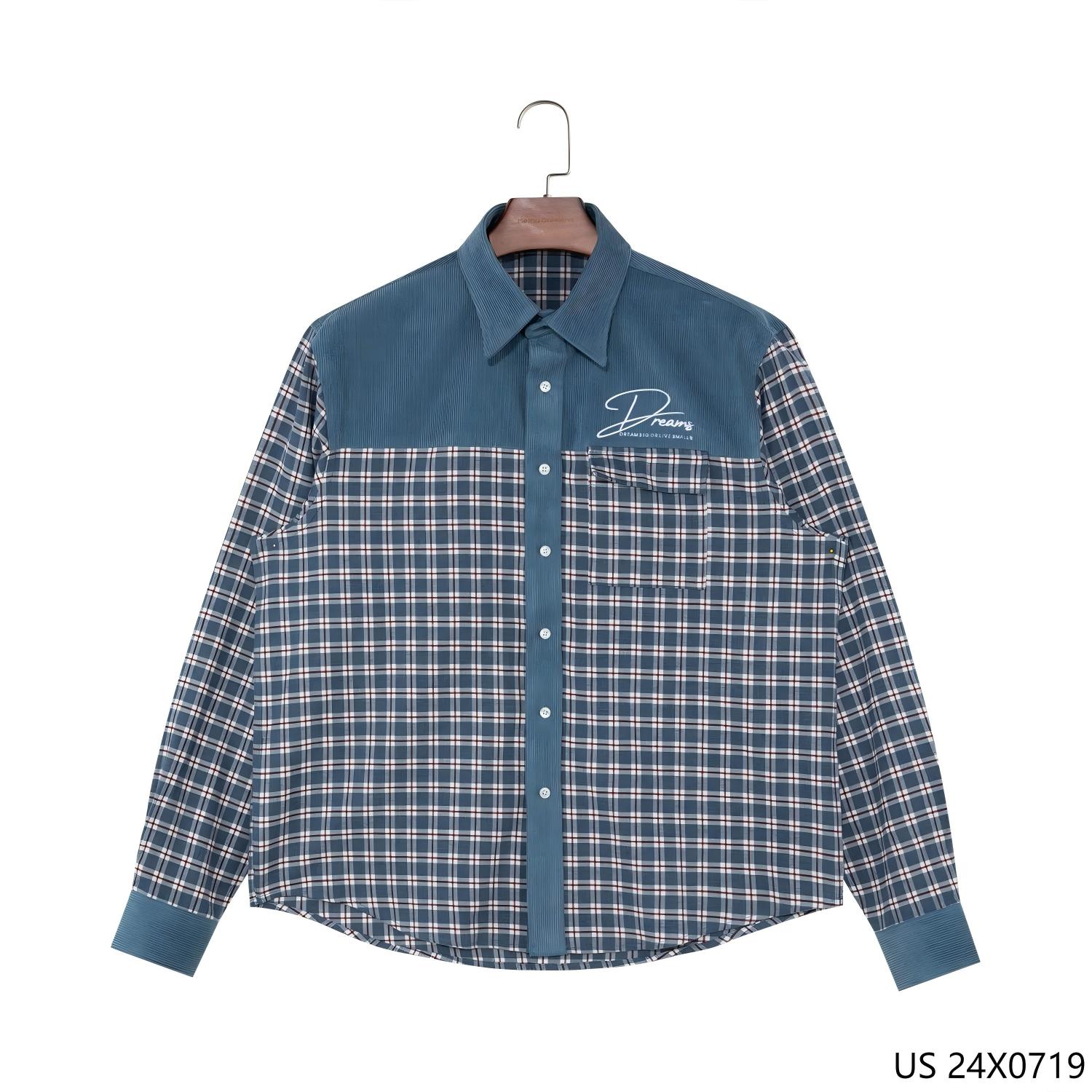 100% Cotton Embroidered Patchwork Button Down Long Sleeve Shirts for Men with Square Collar