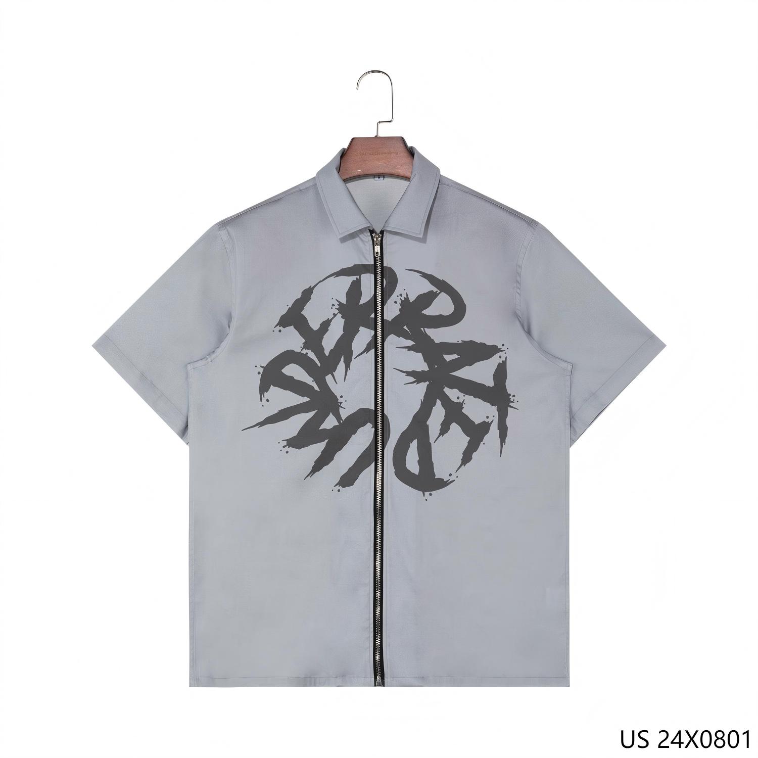 Men's 97% Cotton 3% Spandex Printed Short Sleeve Zip up Shirts 