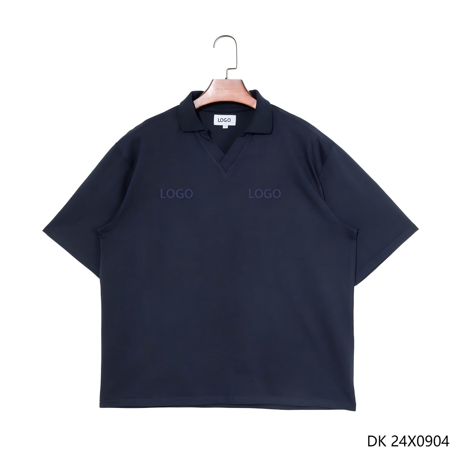 100% Cotton Dark Blue Plain Embroidered V-neck Collared Shirts for Men