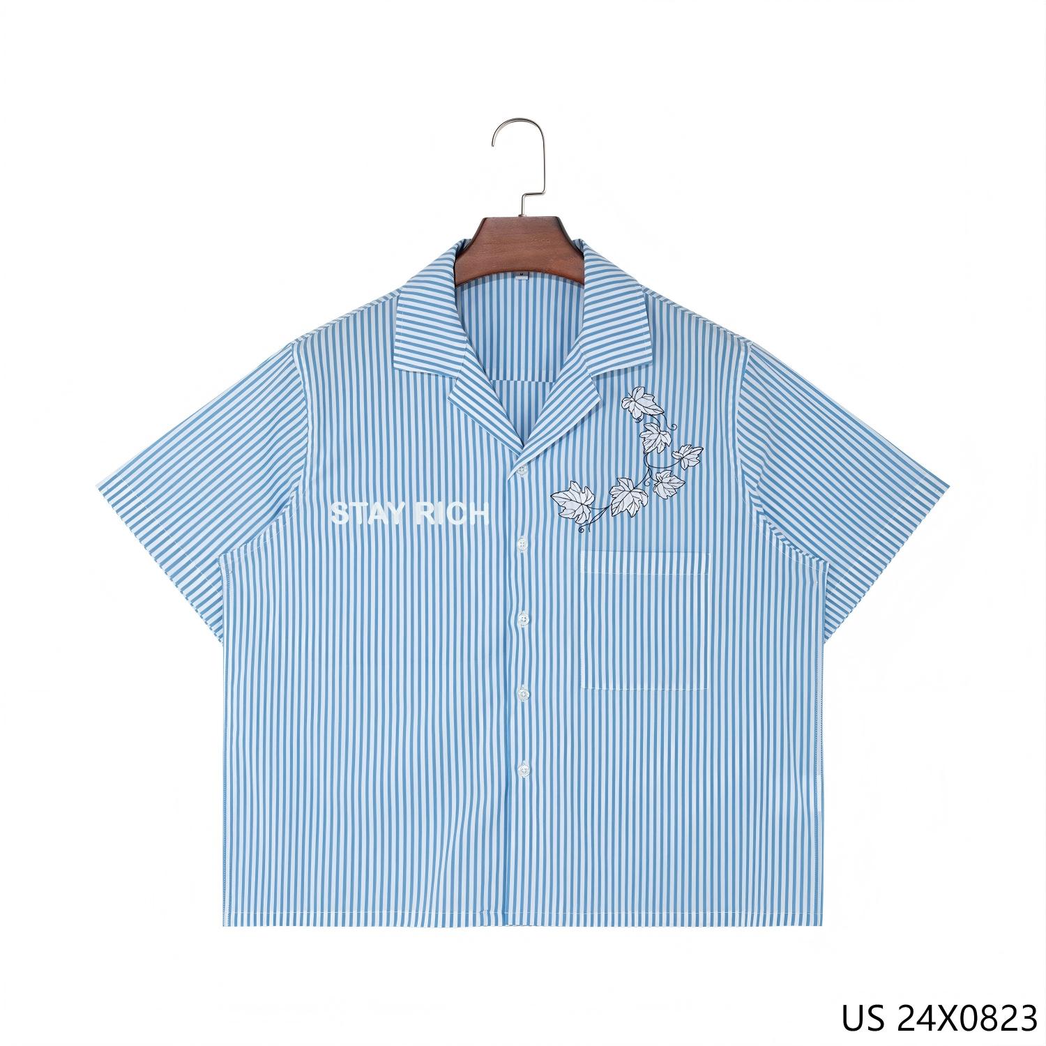 Men's 58% Cotton 37% Polyester 5% Spandex Blue and Stripes Button Down Short Sleeve Shirts 