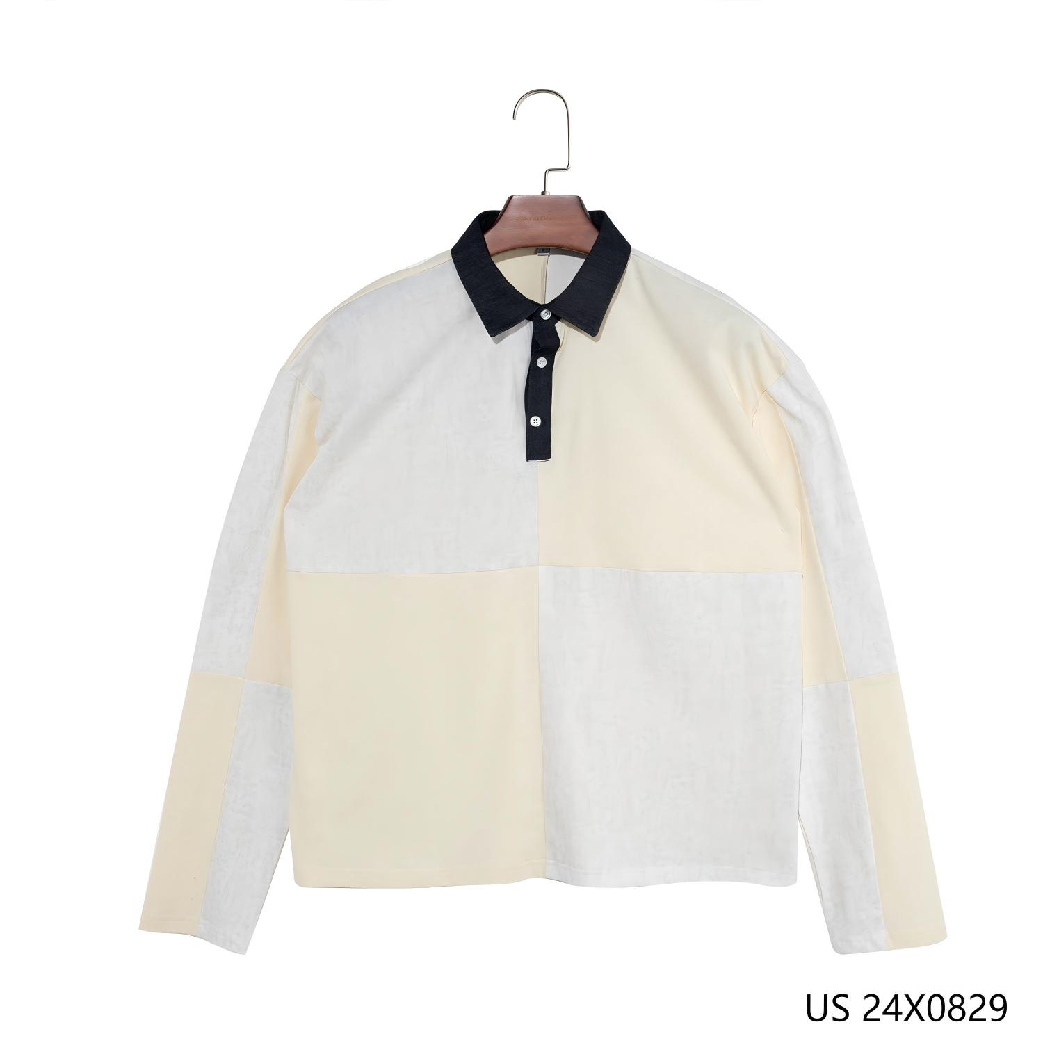 Men's 100% Cotton Beige and White Patchwork Plaid Long Sleeve Polo Shirts for Men