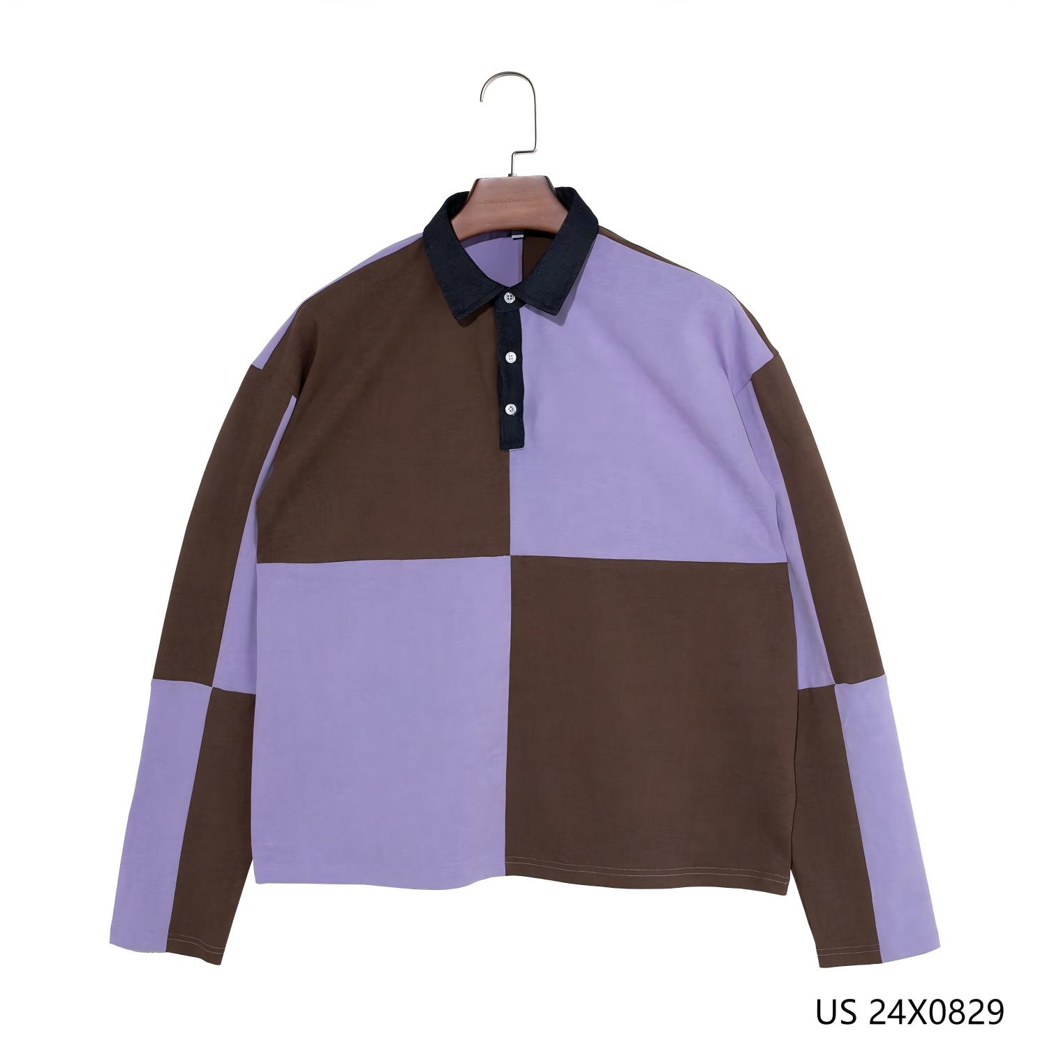 Men's 100% Cotton Purple and Brown Patchwork Plaid Long Sleeve Polo Shirts with Black Collar