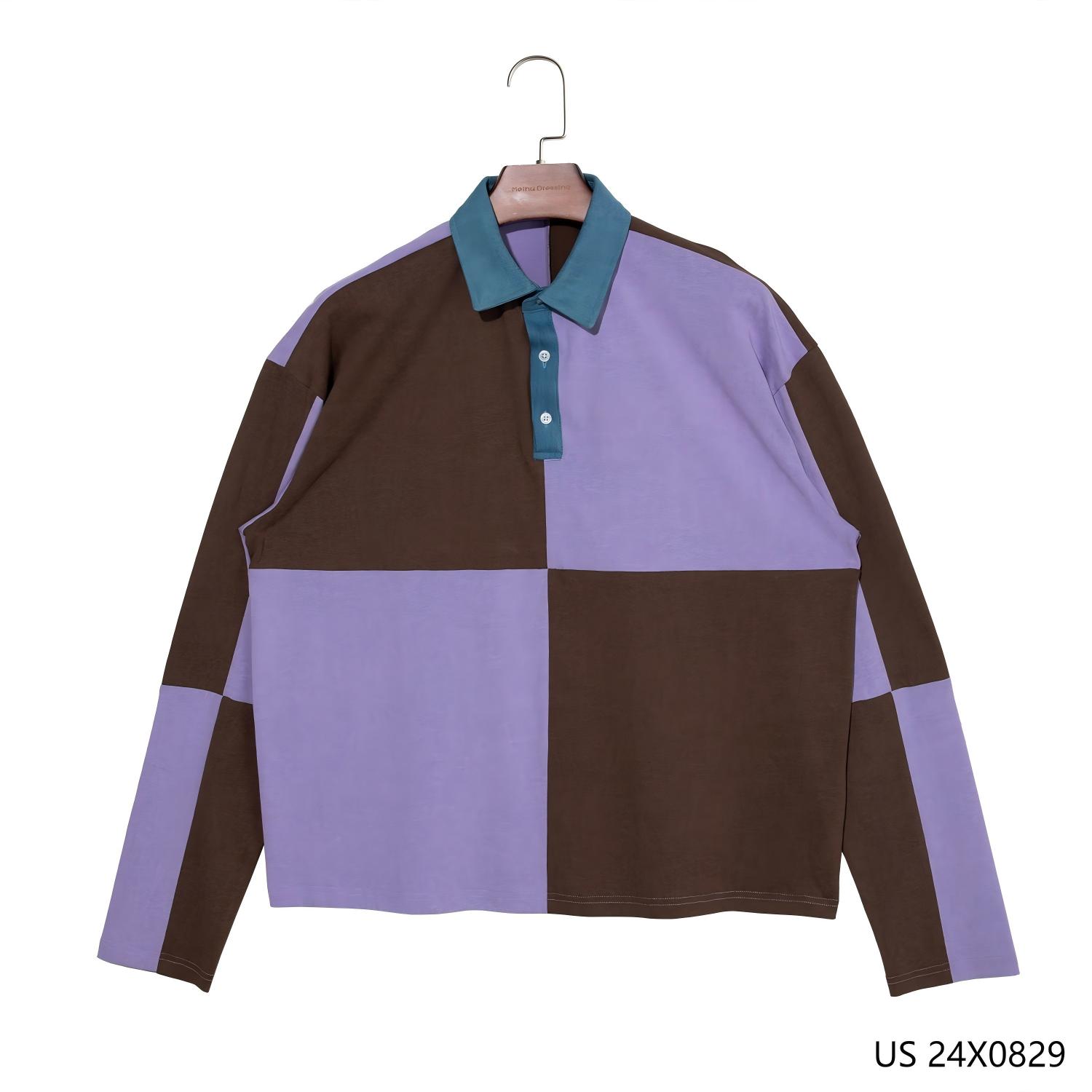  Men's 100% Cotton Purple and Brown Patchwork Plaid Long Sleeve Polo Shirts with Blue Collar