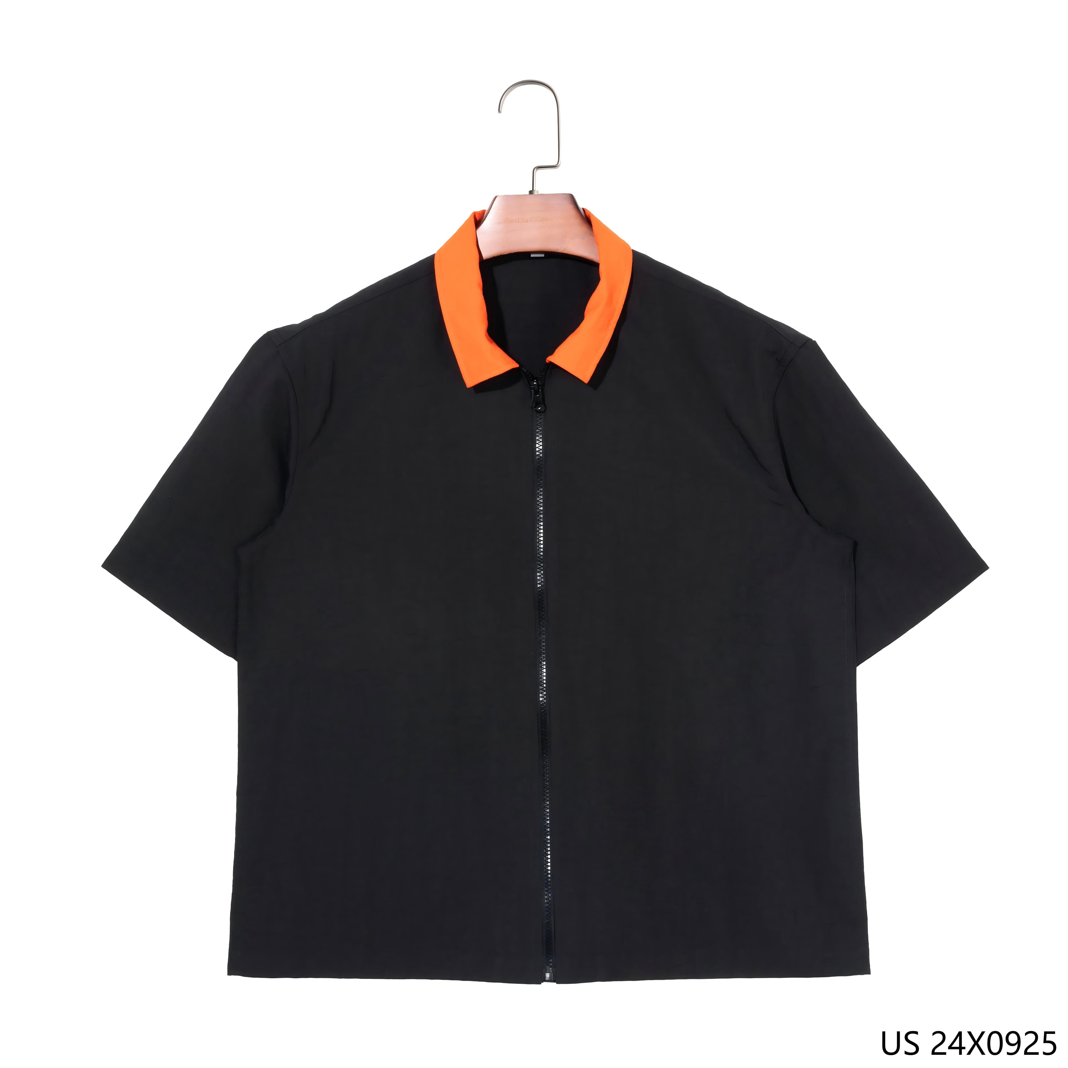 Men's 100% Cotton Plain Black Zip up Short Sleeve Shirts with Orange Collar