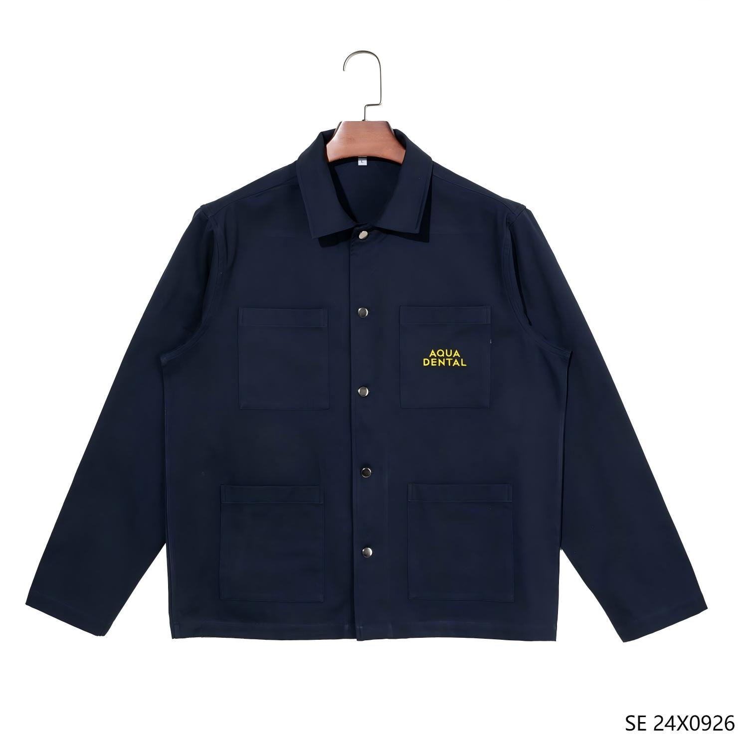 Men's 100% Cotton Plain Dark Blue Embroidered Button Down Long Sleeve Jacket Coat with Mental Buttons
