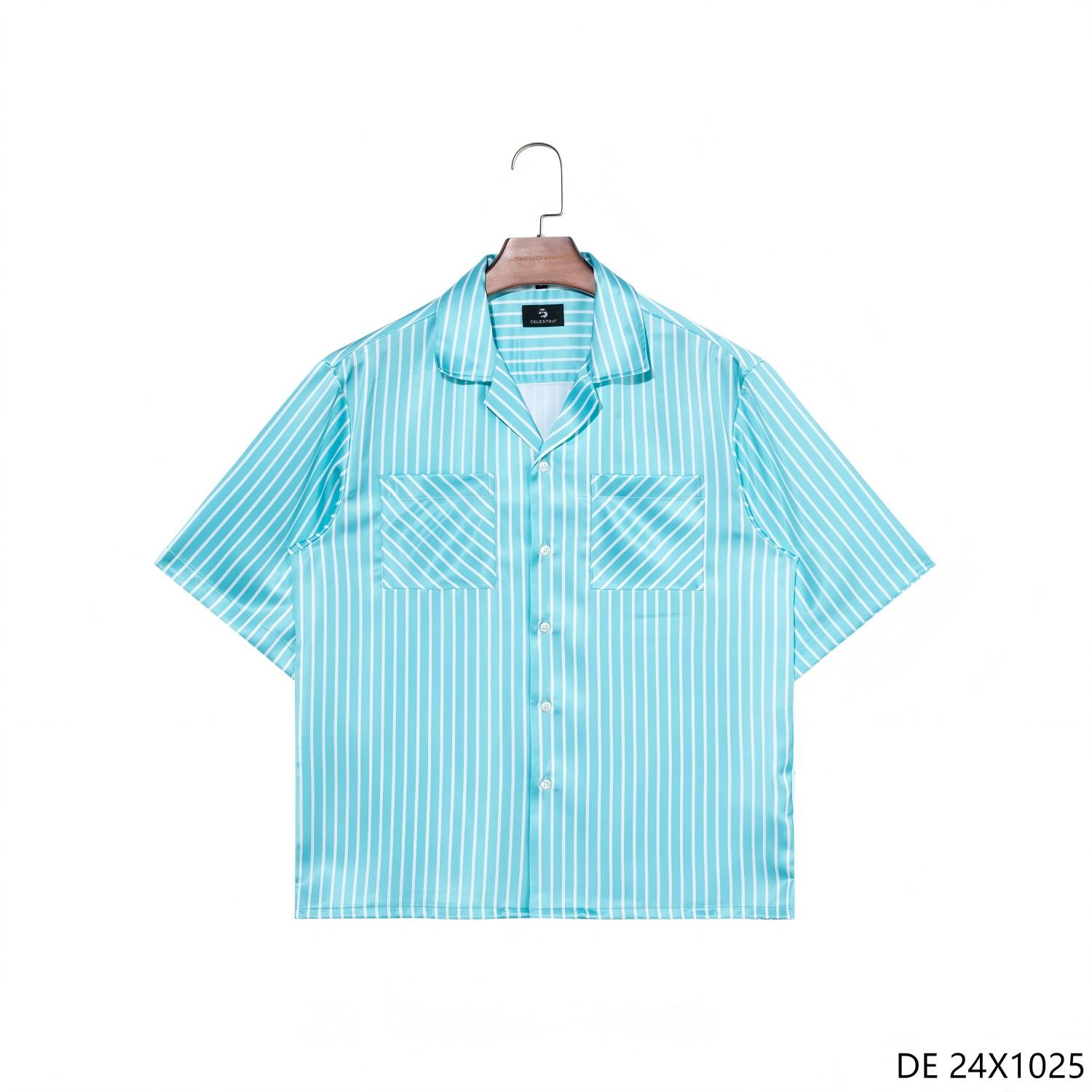  100% Cotton Sky Blue Stripes Button Down Short Sleeve for Men with Cuban Collar