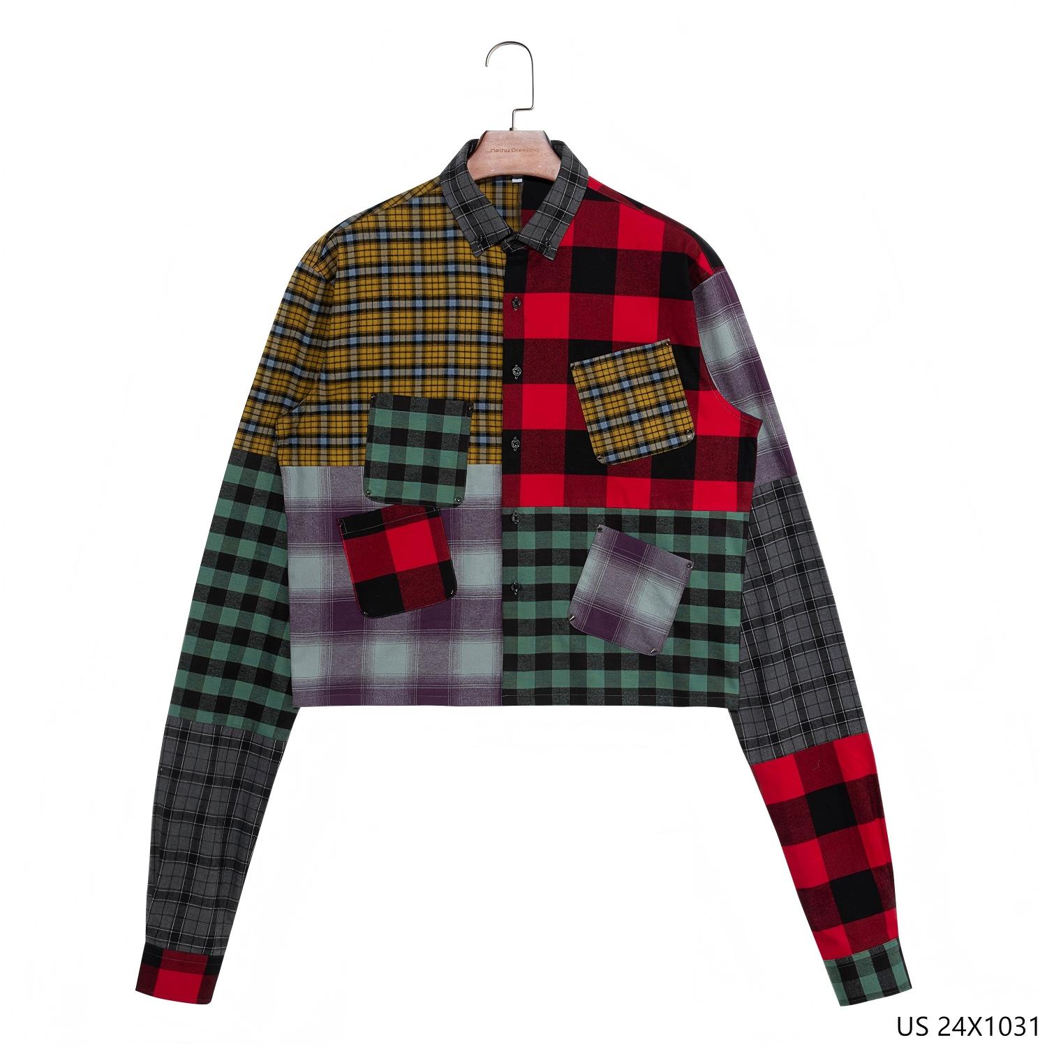 Men's 100% Cotton Patchwork Plaid Button Down Long Sleeve Shirts 