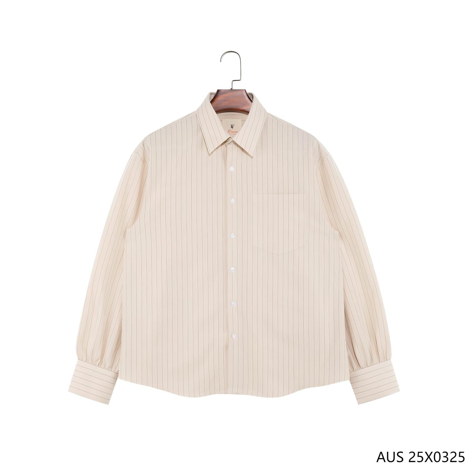 Men's 100% Cotton Beige Stripes Button Down Long Sleeve Shirts with Turn-down Collar