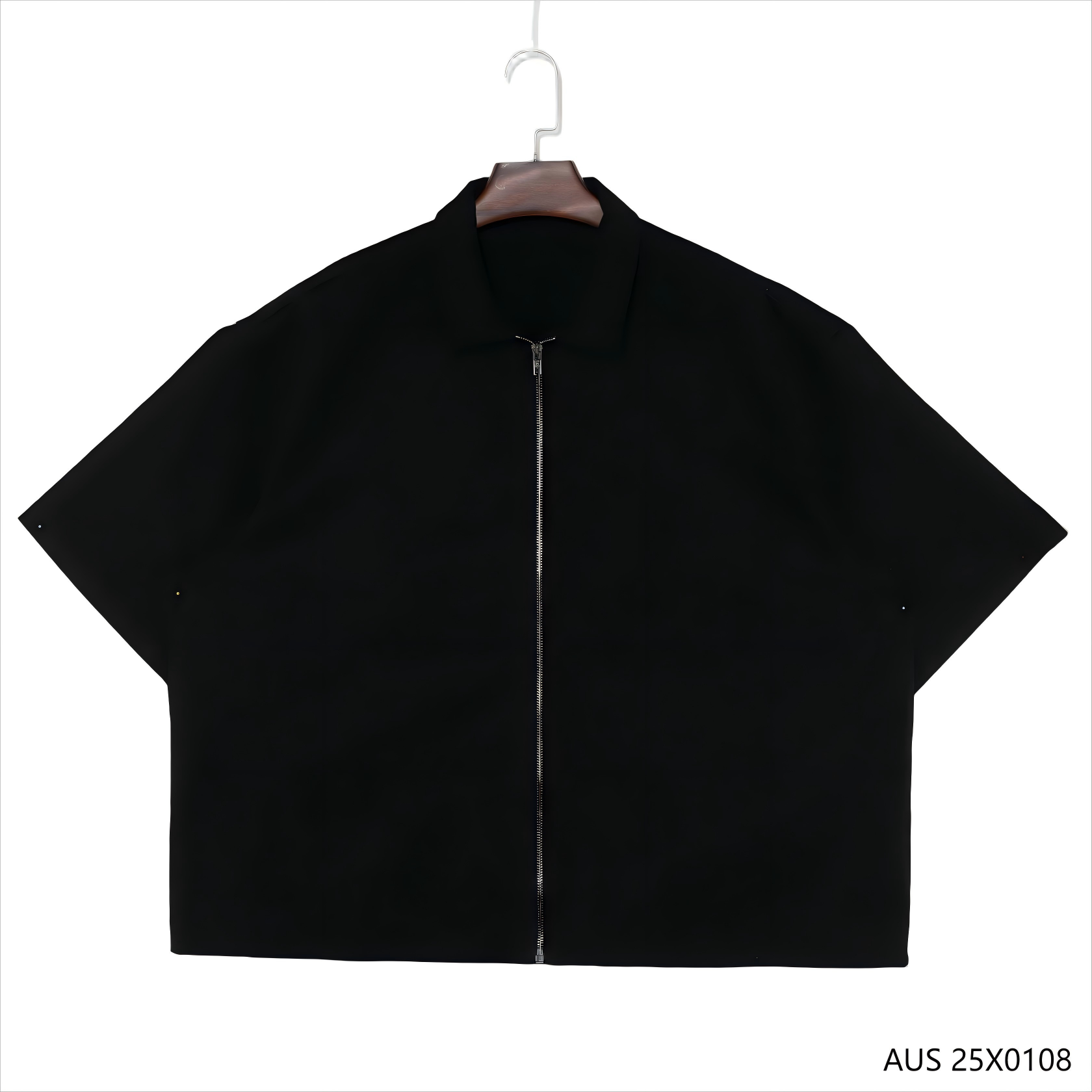 100% Polyester Plain Black Zip up Short Sleeve for Men with Cuban Collar