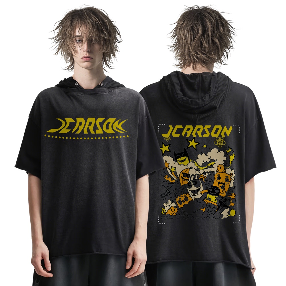 Self-designed Men's Washed 100% Cotton Printed Short Sleeve Hoodies for Summer